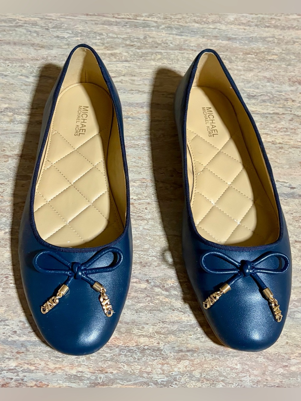 Michael Kors Navy Leather Bow Ballet Flats with Gold Accents